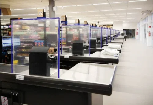 Barreira de proteção anti-viral em acrílico para balcão mesas caixas de supermercado